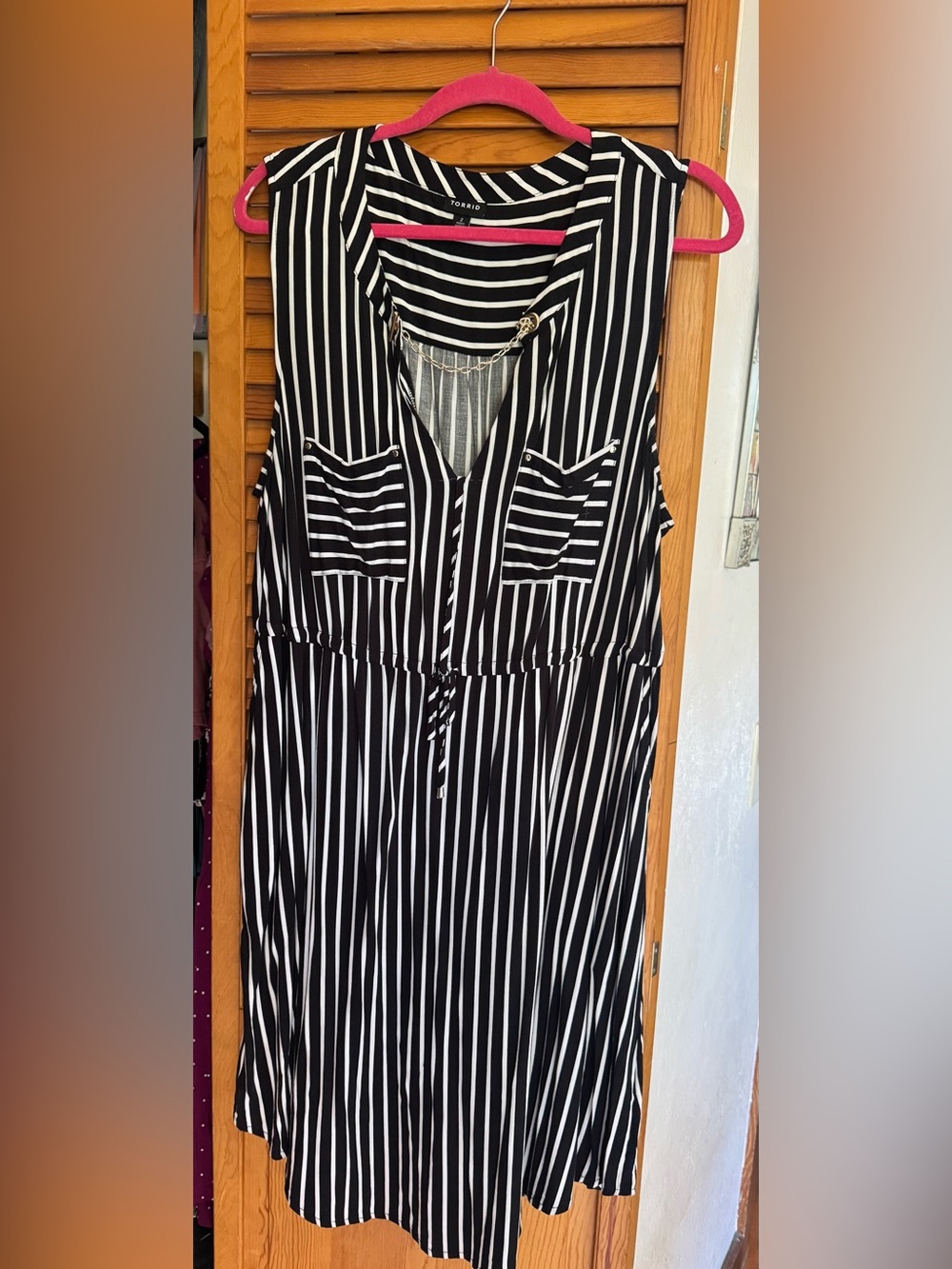Torrid Black & White Striped V-Neck Chain Link Dress